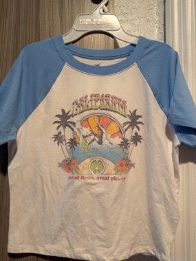 Hollister White & Blue Raglan Surf Graphic Tee
